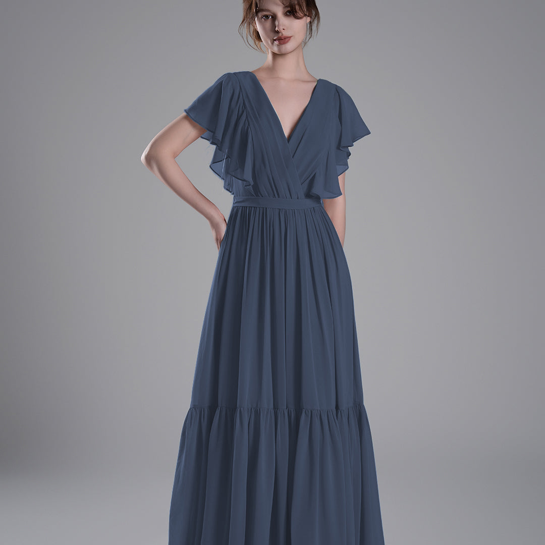 Elegant Ruffled V-Neck Chiffon Patchwork Maxi Dress