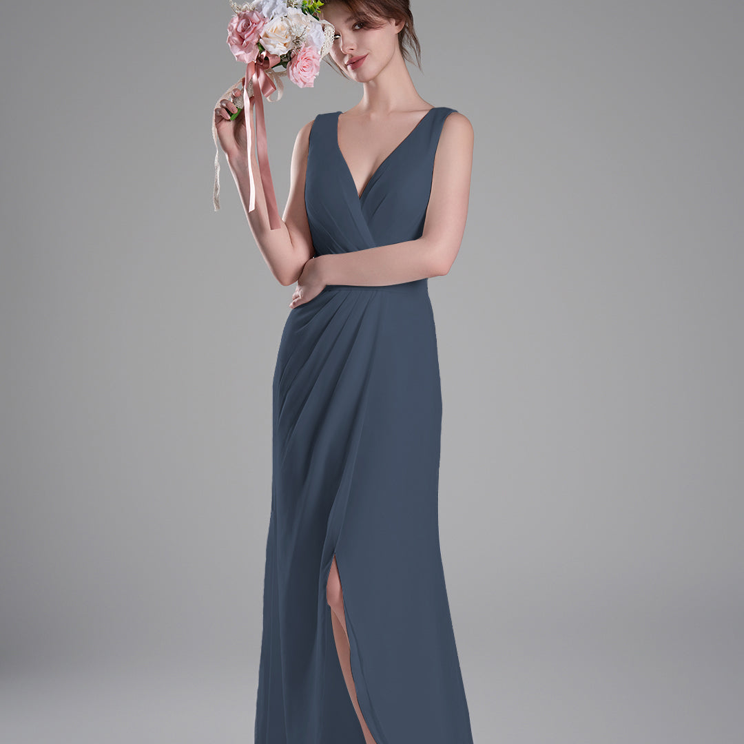 V-Neck Crossover Bodice Pleated Front Slit Dresses