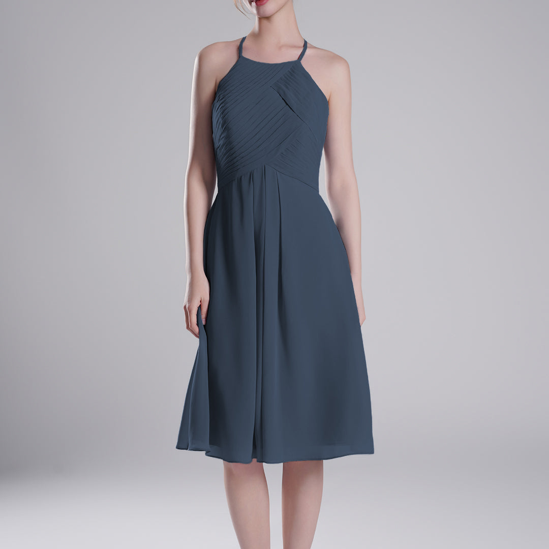 Halter Neckline Pleated Bodice Open Back Mini Dresses