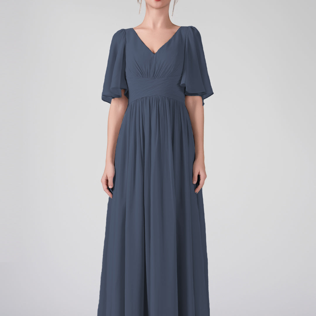 V-Neck Flowing Sleeves A-Line Ruffles Maxi Dresses