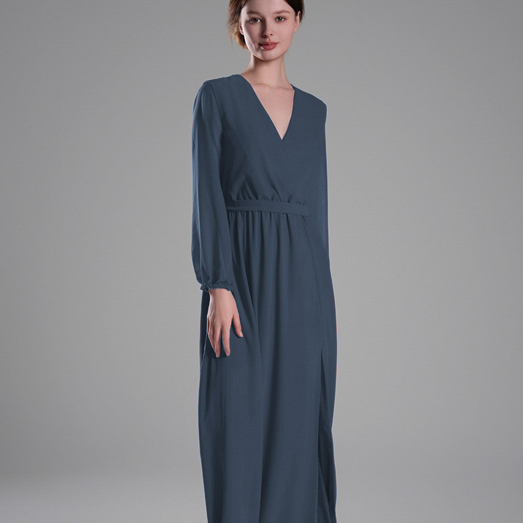 V-Neck Elegant Long Sleeves Flared Slit Dresses