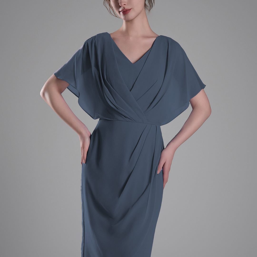 V-neck Pleated Cape Knee-length Dresses