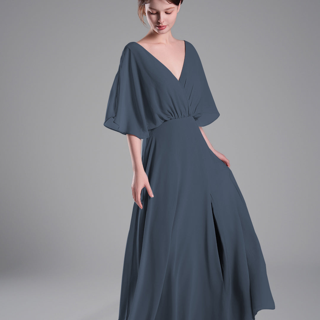 Draped Sleeves High Slit Backless Dresses