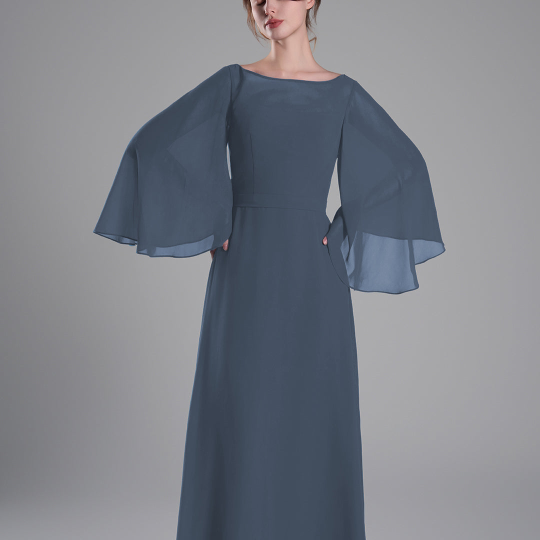 Boat Neckline Bell Sleeves Floor-Length A-Line Dresses