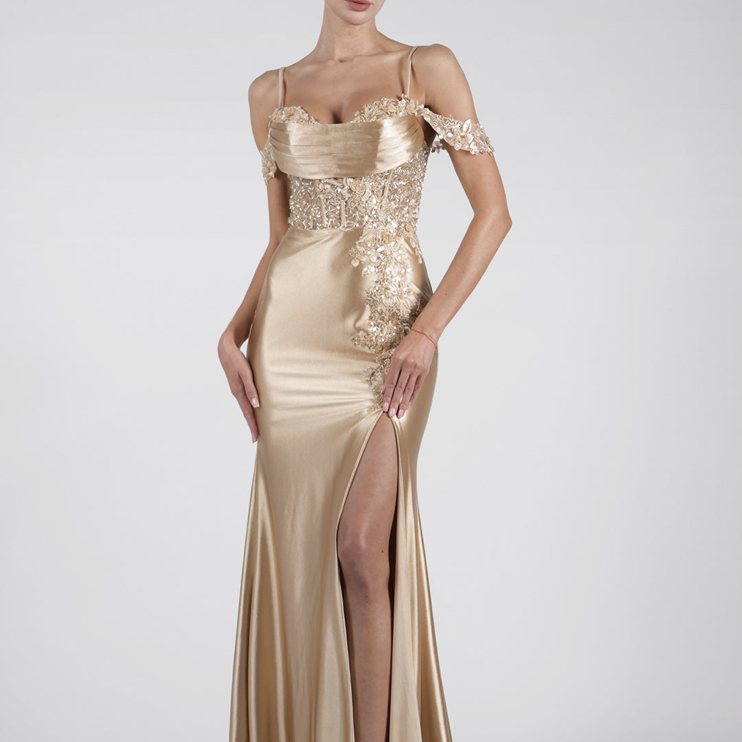 Cowl Neck Off-Shoulder Sequins High Side Split Evening Dress