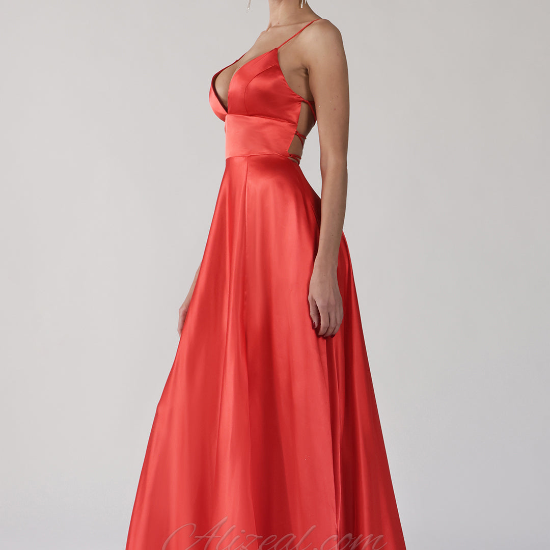 Deep V-Neck A-Line Backless Lace-Up Satin Maxi Dress
