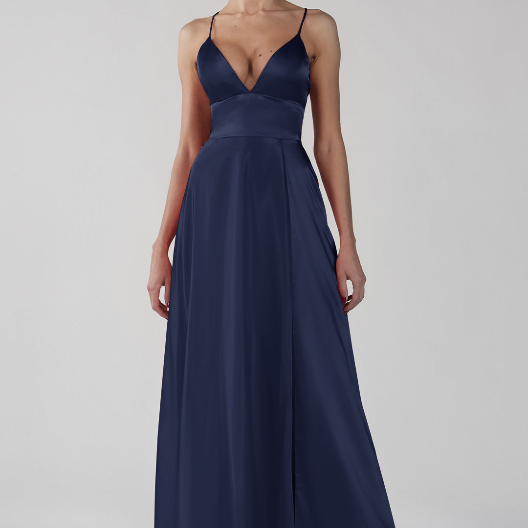 Deep V-Neck A-Line Backless Lace-Up Satin Maxi Dress