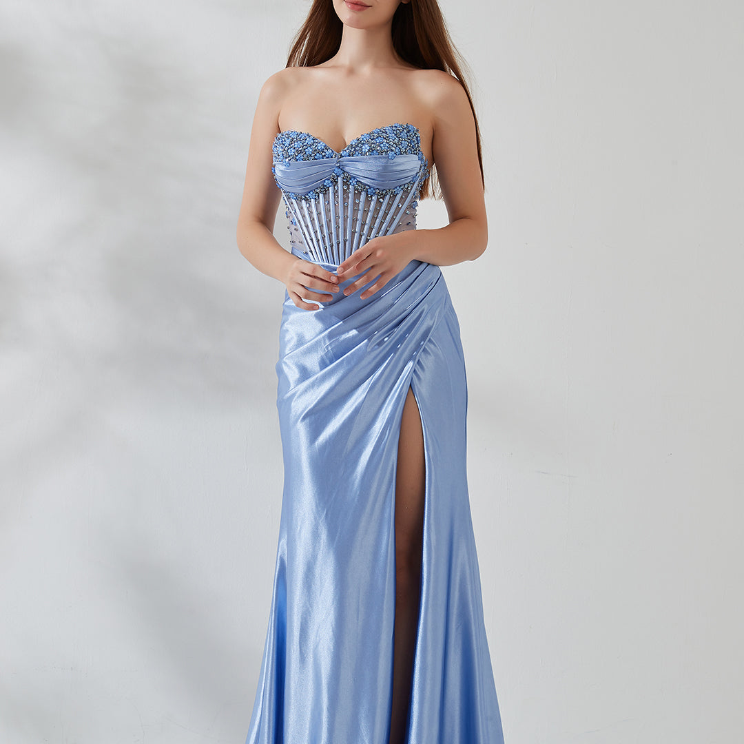 Strapless Sweetheart Beaded Boning Sheer Satin Split Prom Dress