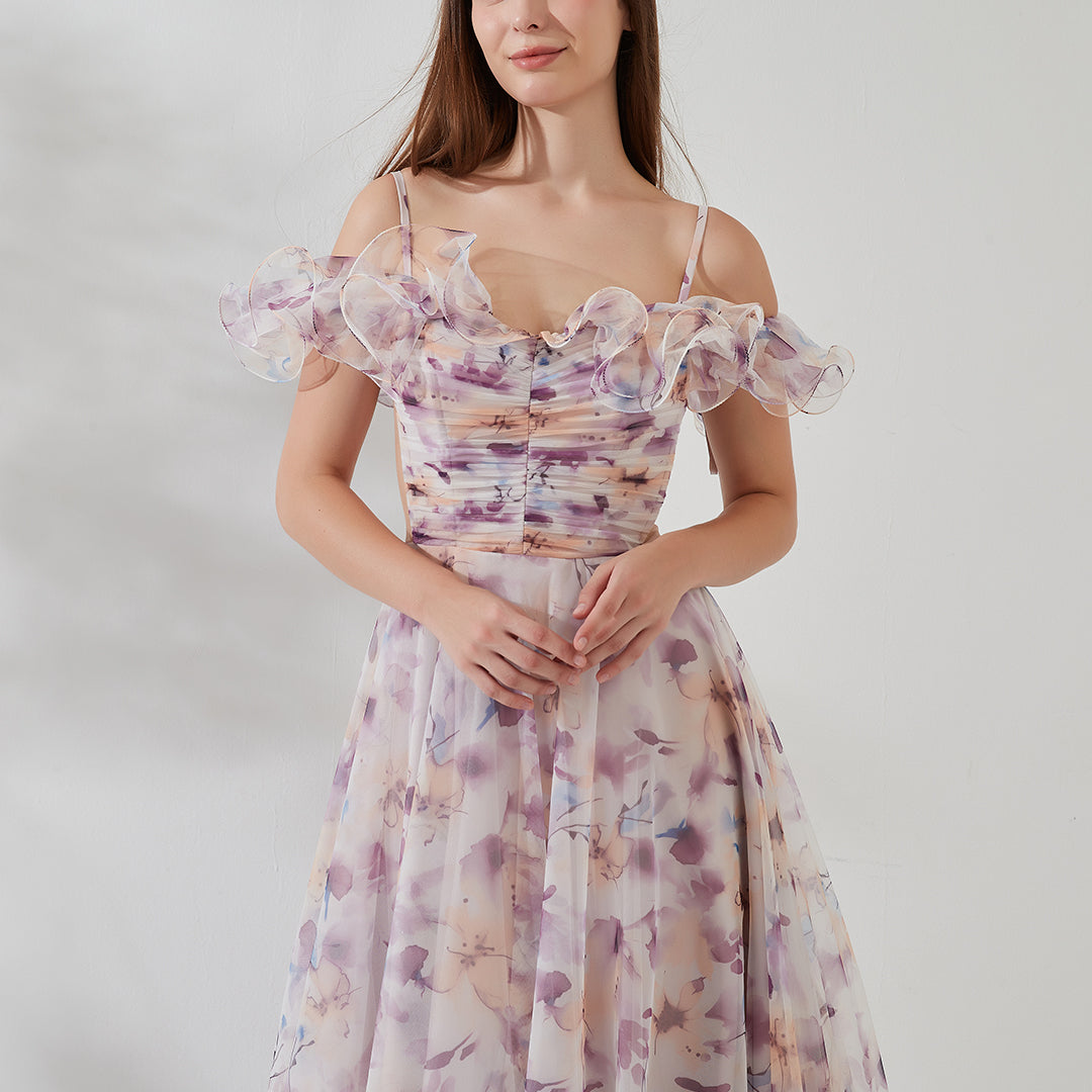 Off-shoulder Ruffle-trim Sheer Side A-line Floral Print Dress