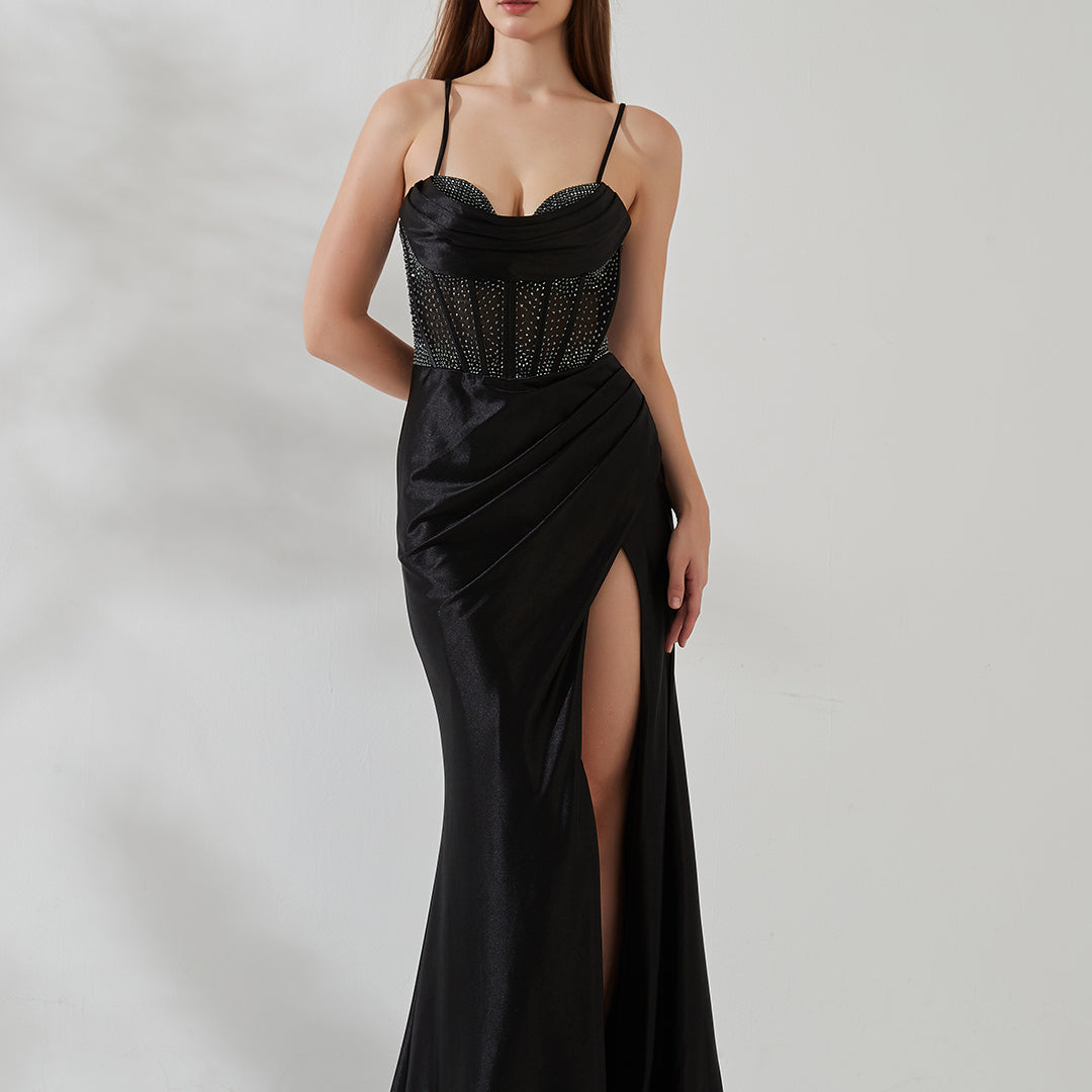 Spaghetti Strap Cowl Neck Pleated Sheer Boned Split Dress