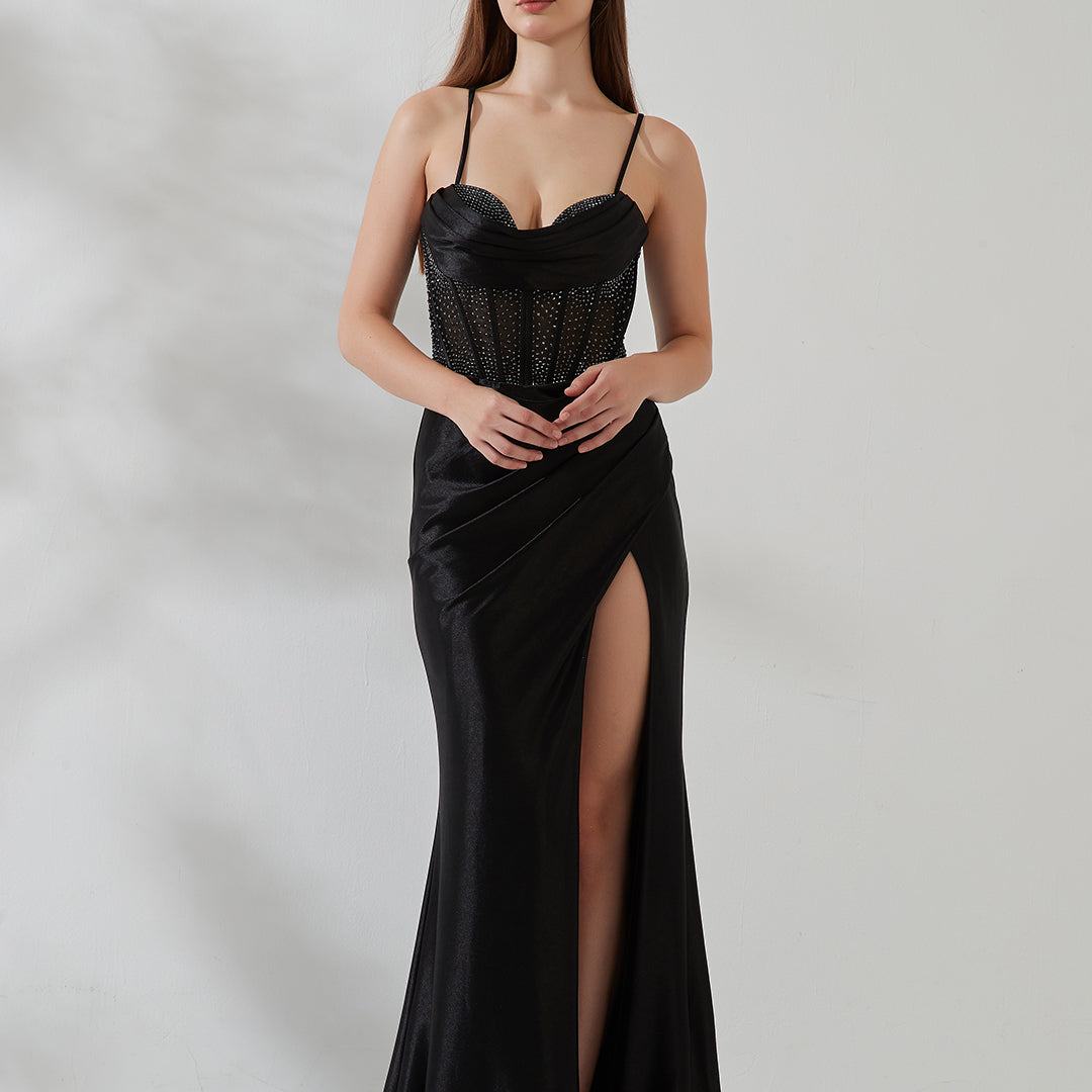 Spaghetti Strap Cowl Neck Sheer Boned Pleated Dress with Split