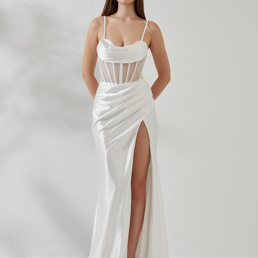 Spaghetti Strap Cowl Neck Sheer Boned Pleated Dress with Split