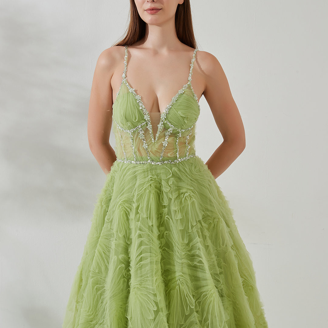 Sequin-trimmed Spaghetti Straps Backless Sweep Train Prom Dress