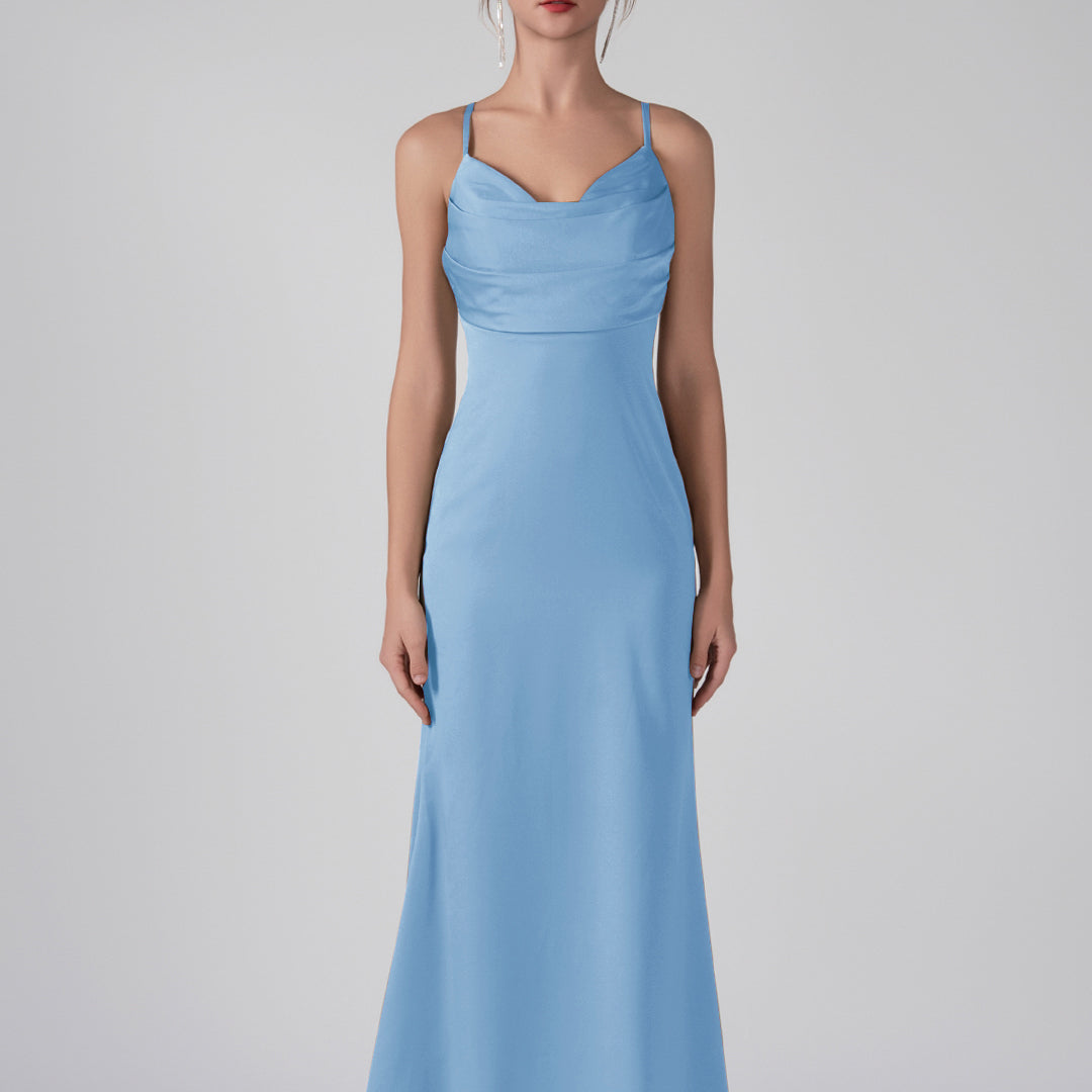 Spaghetti Straps Cowl Neck Ruffles Sheath Maxi Dress