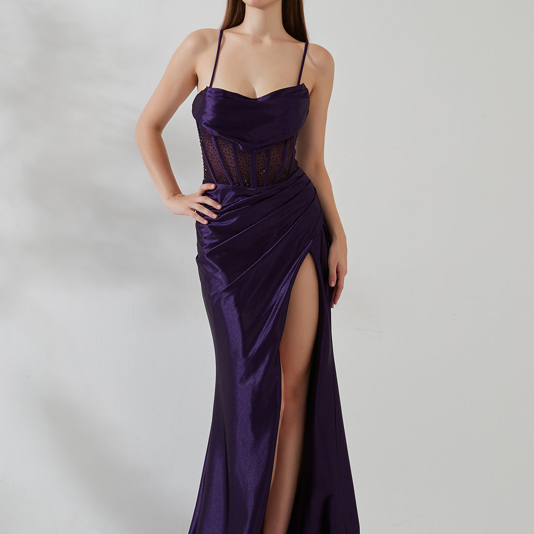 Spaghetti Strap Cowl Neck Sheer Boned Pleated Dress with Split