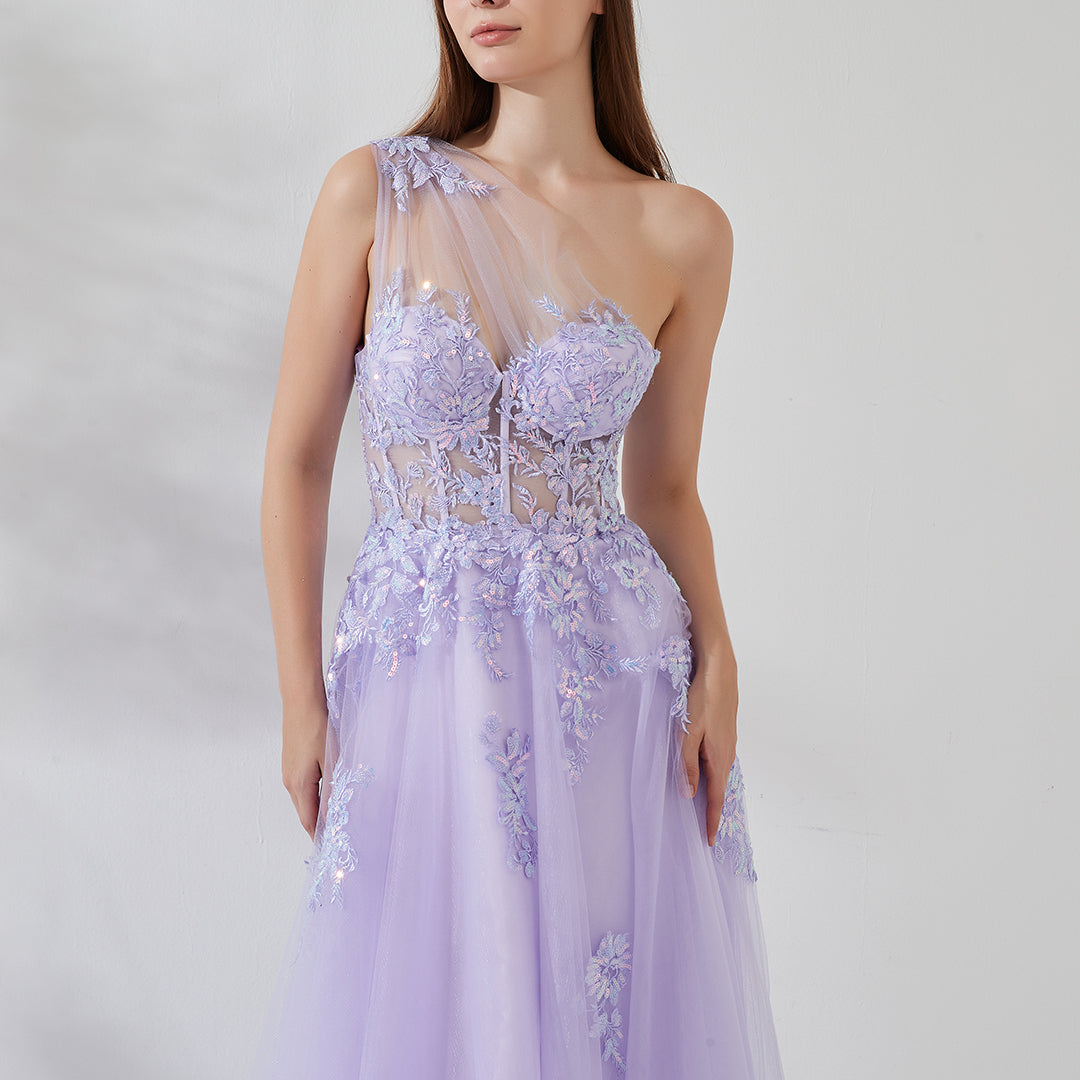One-shoulder Lace Appliqued Sequin Floor-length Sweep Train Dress