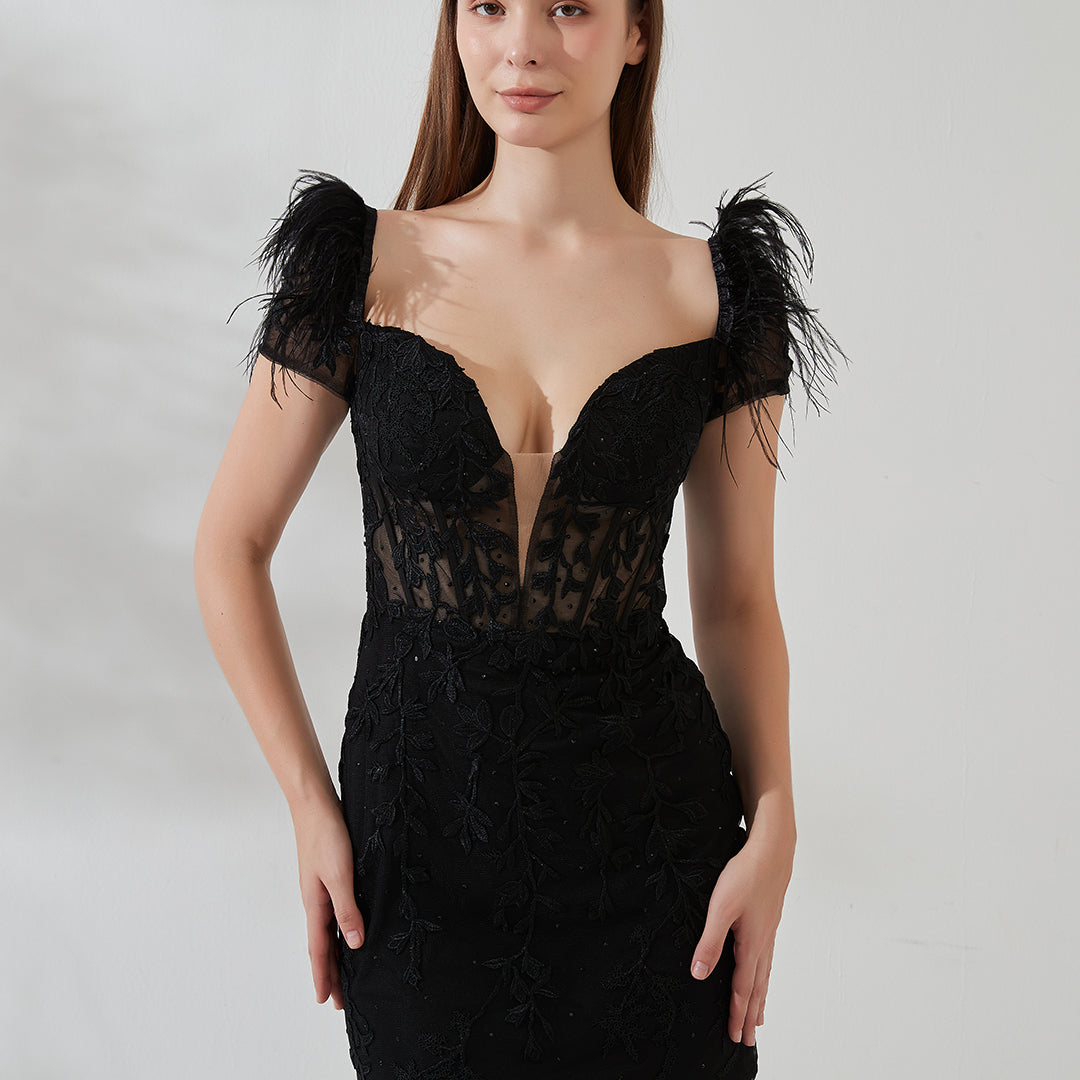 Deep V-Neck Feather Dash Sleeve Appliqued Hip Sheath Dress