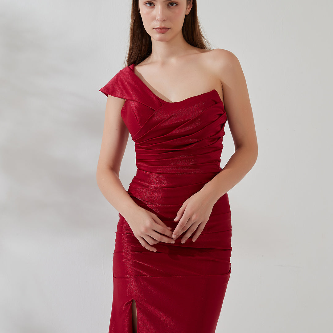 One-shoulder Stretchy Pleated Side Split Zipper Evening Dress