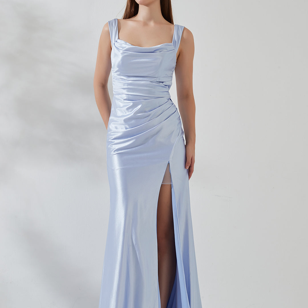 Sleeveless Pleated Satin High Split Sweep Train Bridesmaid Evening Dress