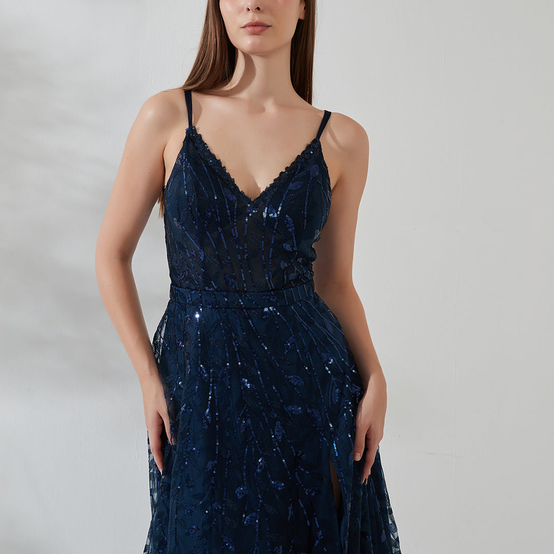 Double Spaghetti Straps V-neck Belt High Side Split Mesh Prom Dress