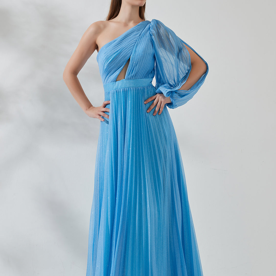 One Shoulder Bishop Sleeve Cutout Sequin Pleated Bridesmaid Party Dress