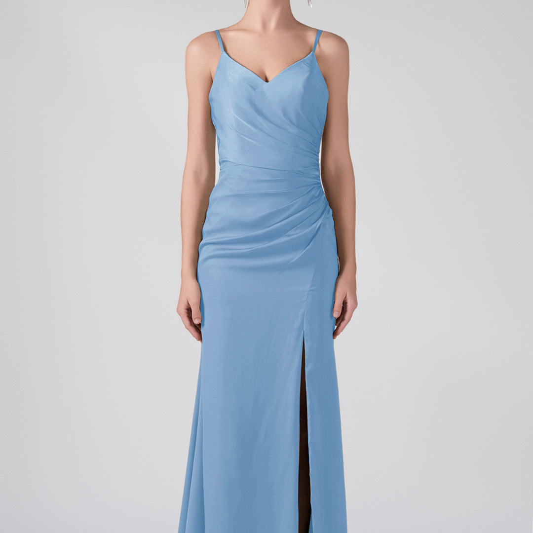 V-Neck Spaghetti Straps Front Split Ruffles Maxi Dress