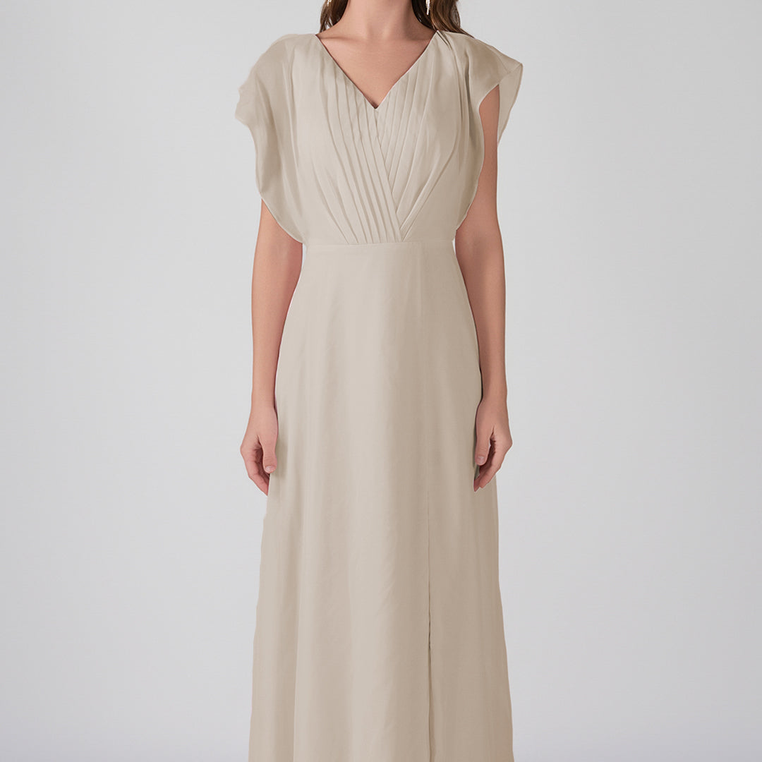 V-Neck Flutter Sleeves Pleats A-Line Maxi Dress