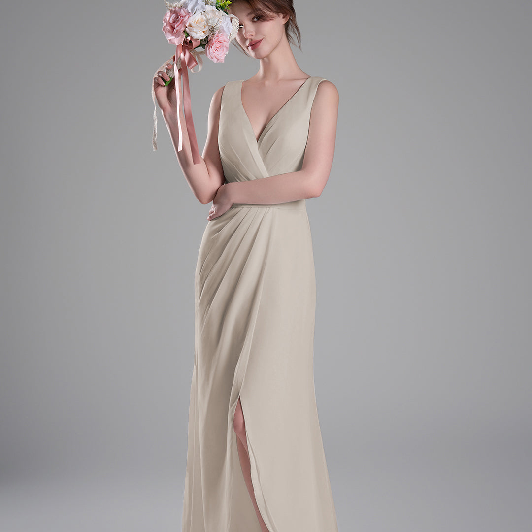 V-Neck Crossover Bodice Pleated Front Slit Dresses