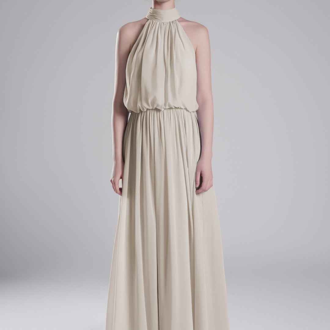 High Halter Neck Pleated Flowing A-Line Dresses