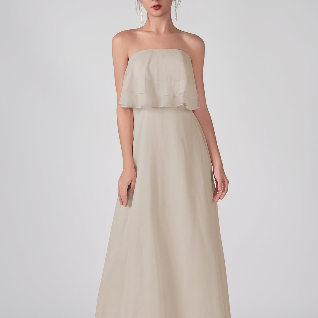 Robe trapèze en mousseline de soie sans bretelles à volants, longueur au sol