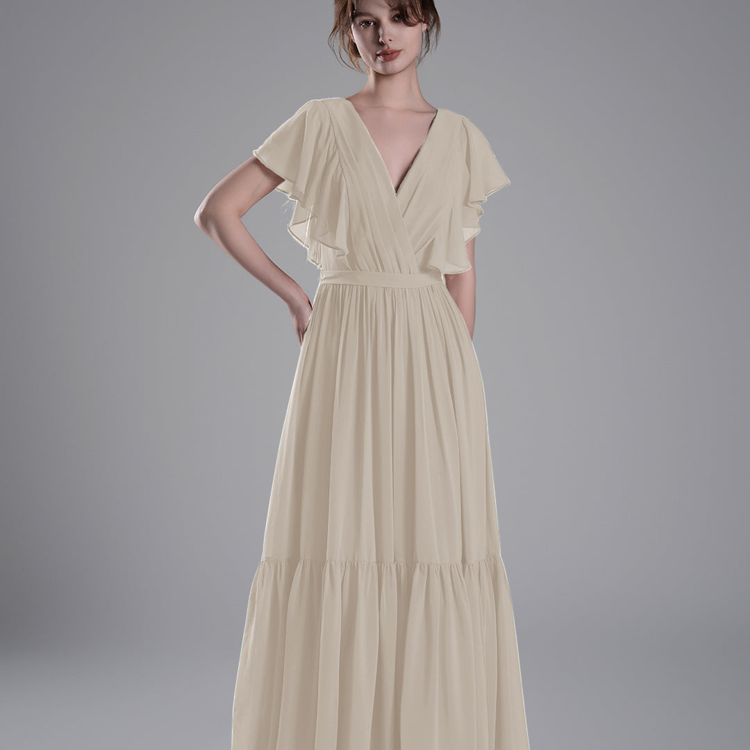 Elegant Ruffled V-Neck Chiffon Patchwork Maxi Dress