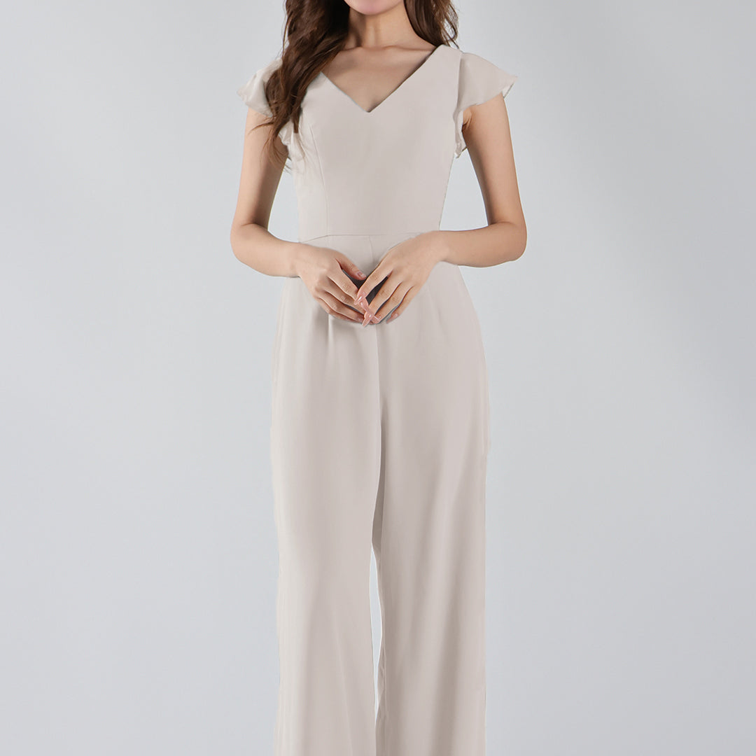 V-Neck Flutter Sleeves Wide-Leg Chiffon Jumpsuit