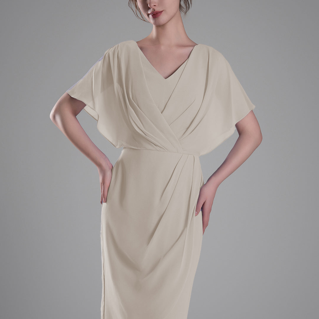 V-neck Pleated Cape Knee-length Dresses