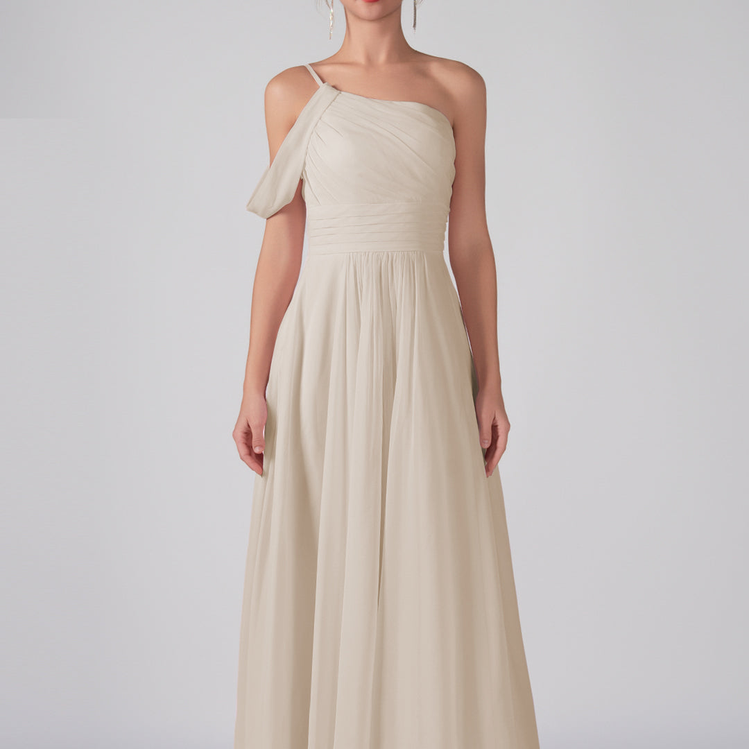 One Shoulder Off Shoulder Sleeve Ruched Bodice A-Line Maxi Dress