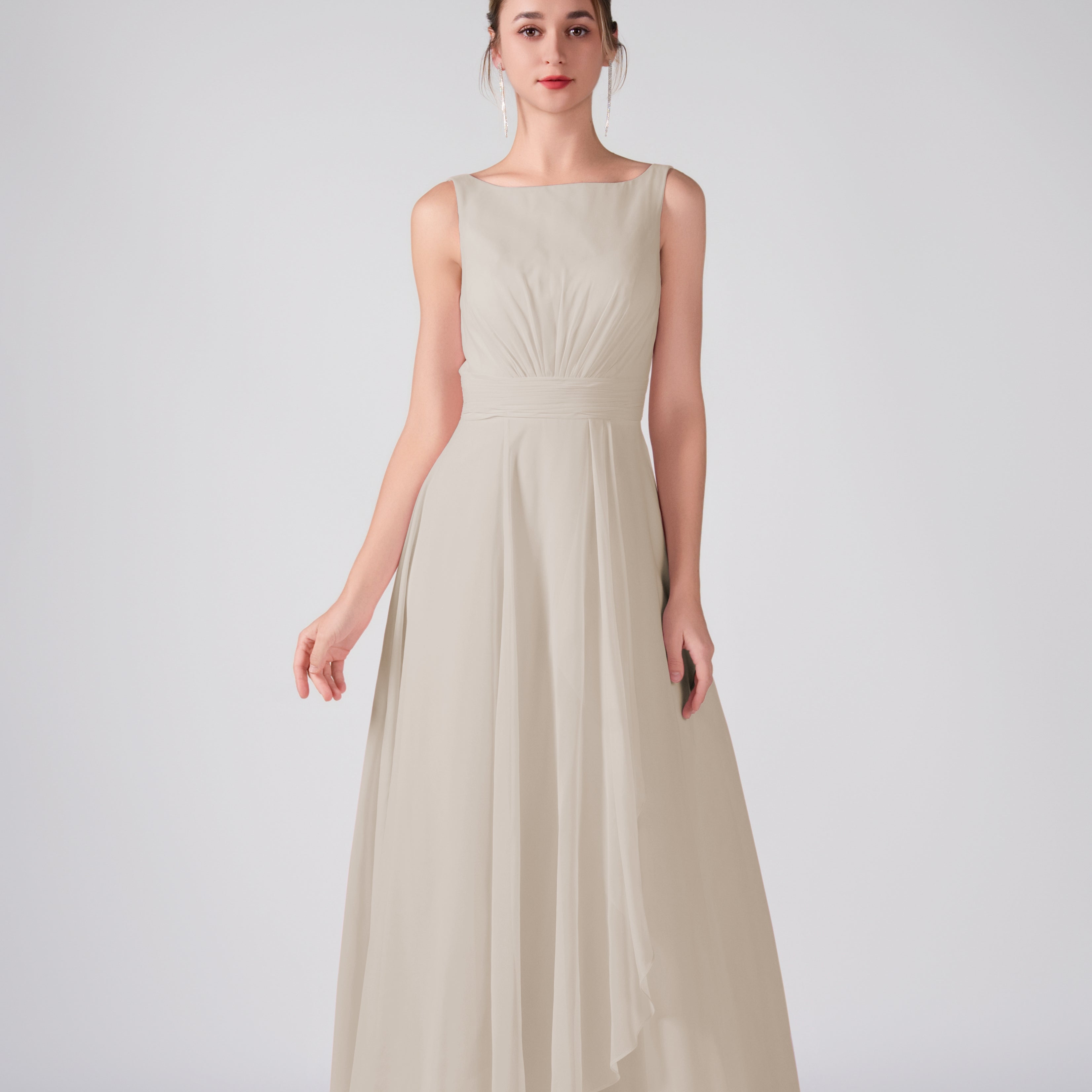 Bateau Neckline Sleeveless Ruched A-Line Maxi Dress