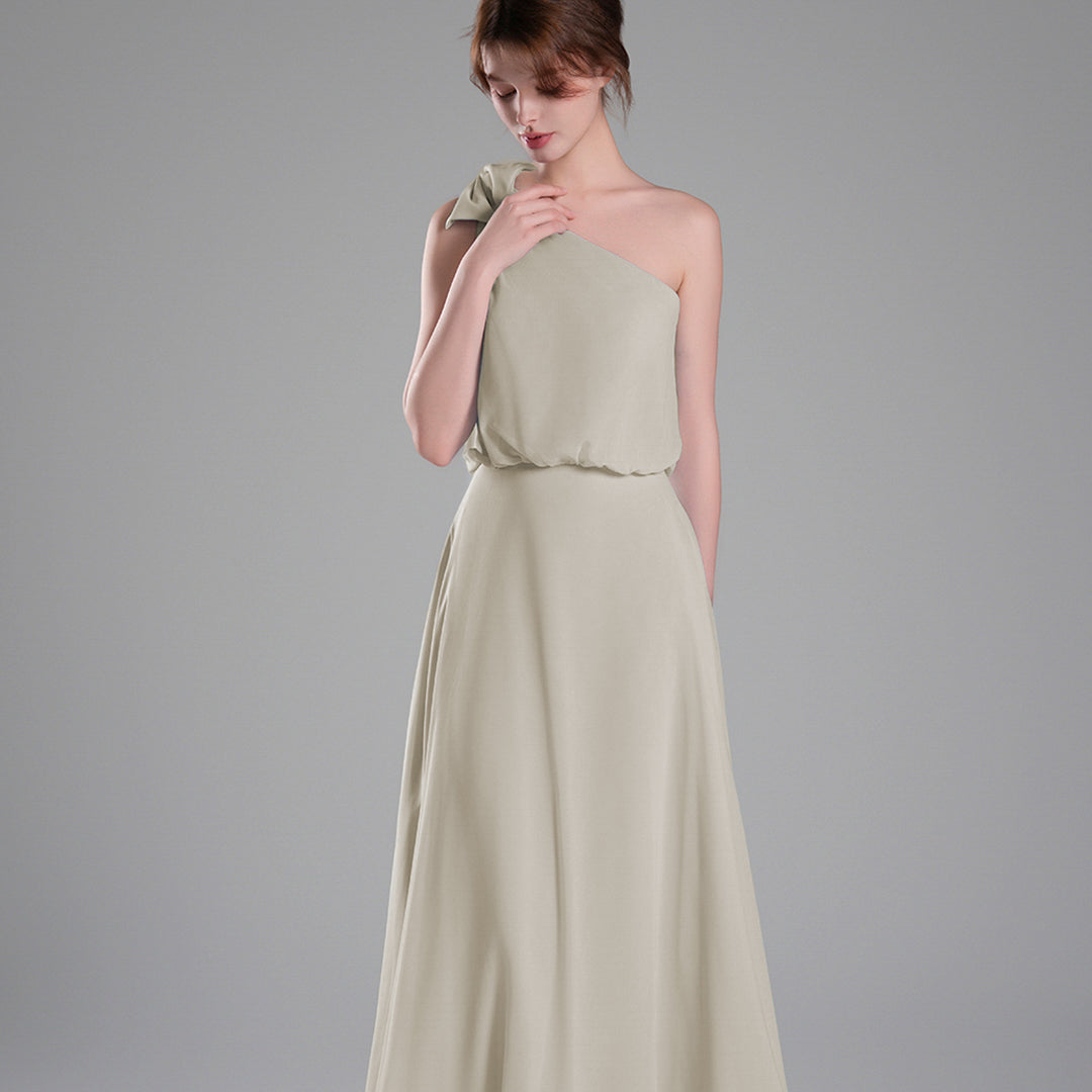 One-Shoulder Bow Detail Flowing A-Line Dresses