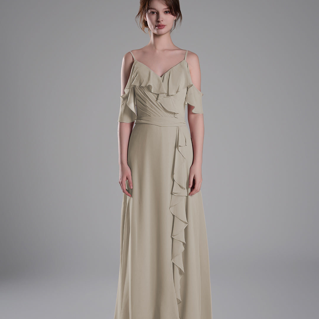 Adjustable Straps Ruffled Chiffon Long Dresses