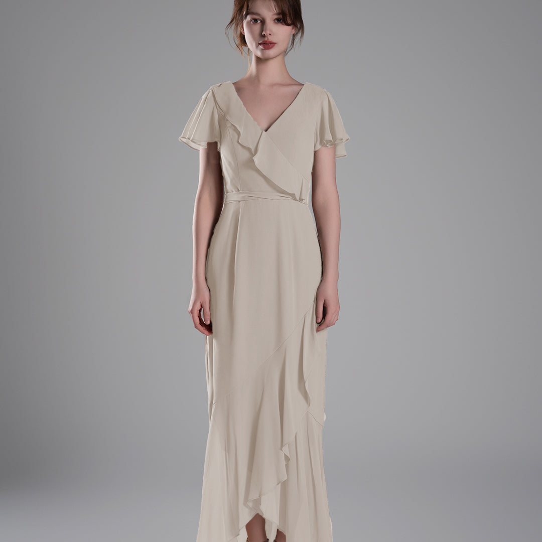 V-Neck Ruffled Detailing Pleated Patchwork Dresses