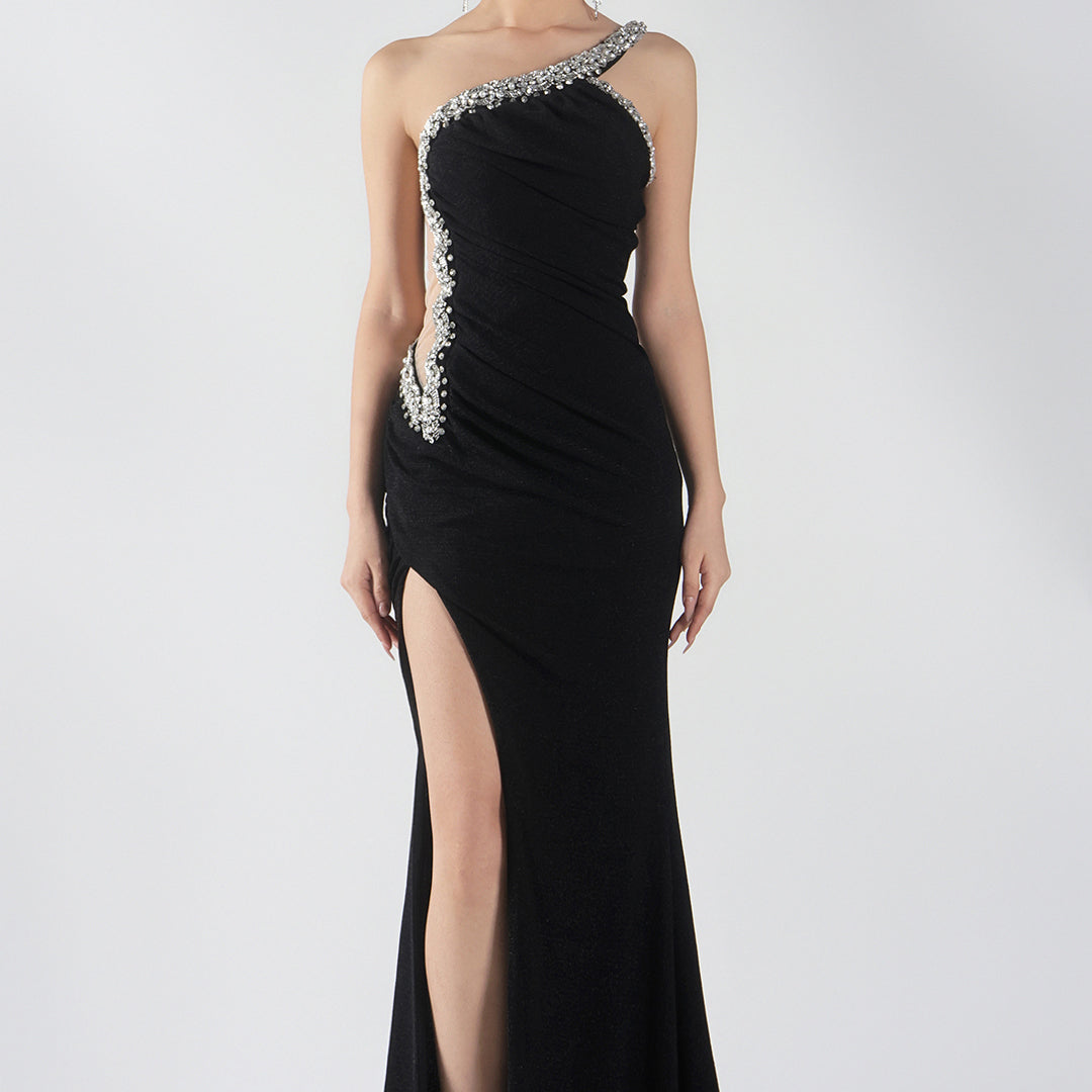 One-Shoulder Rhinestone-Cutout Detail High Slit Dresses