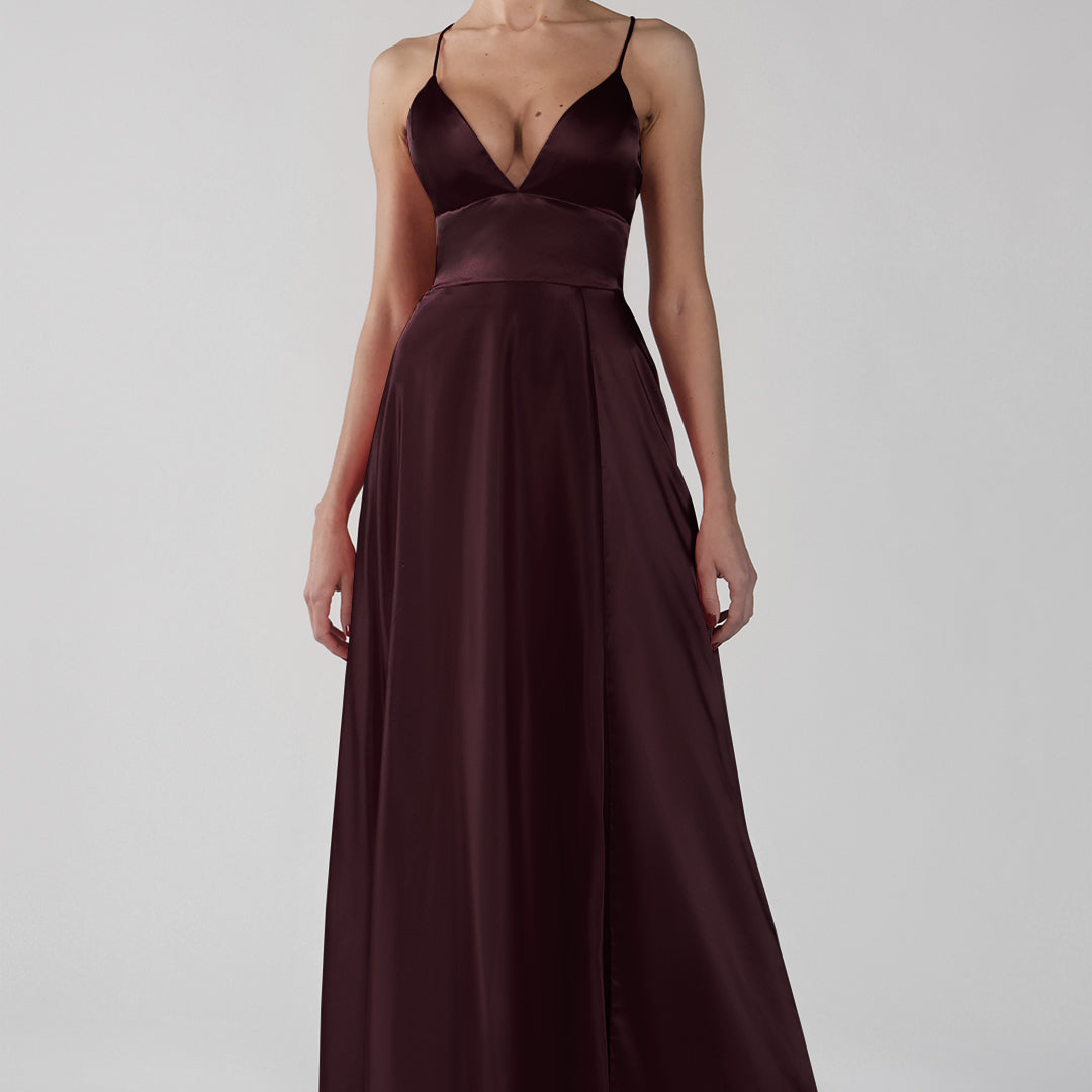 Deep V-Neck A-Line Backless Lace-Up Satin Maxi Dress