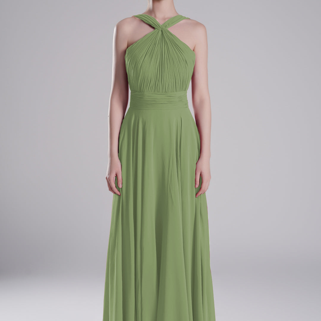 Halter Neck Cross Straps Pleated Waist A-Line Dresses