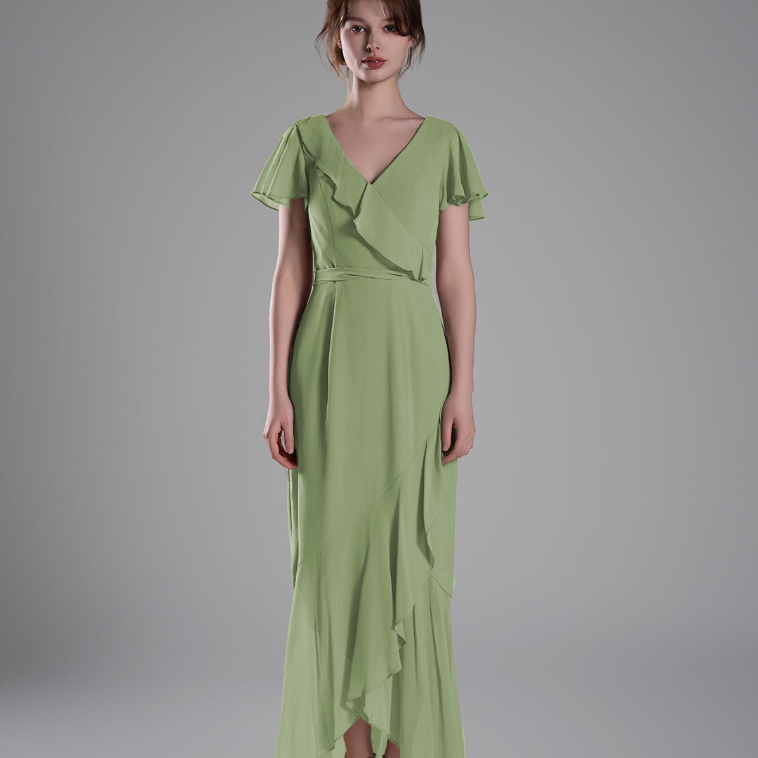 V-Neck Ruffled Detailing Pleated Patchwork Dresses