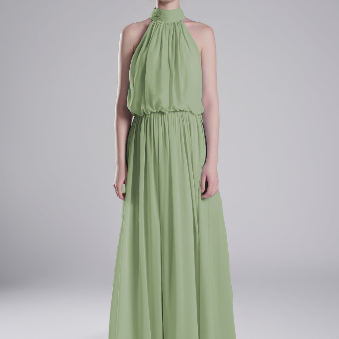 High Halter Neck Pleated Flowing A-Line Dresses