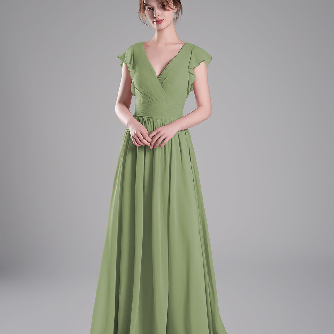 Flutter Sleeves Pleated Bodice Open Back Dresses