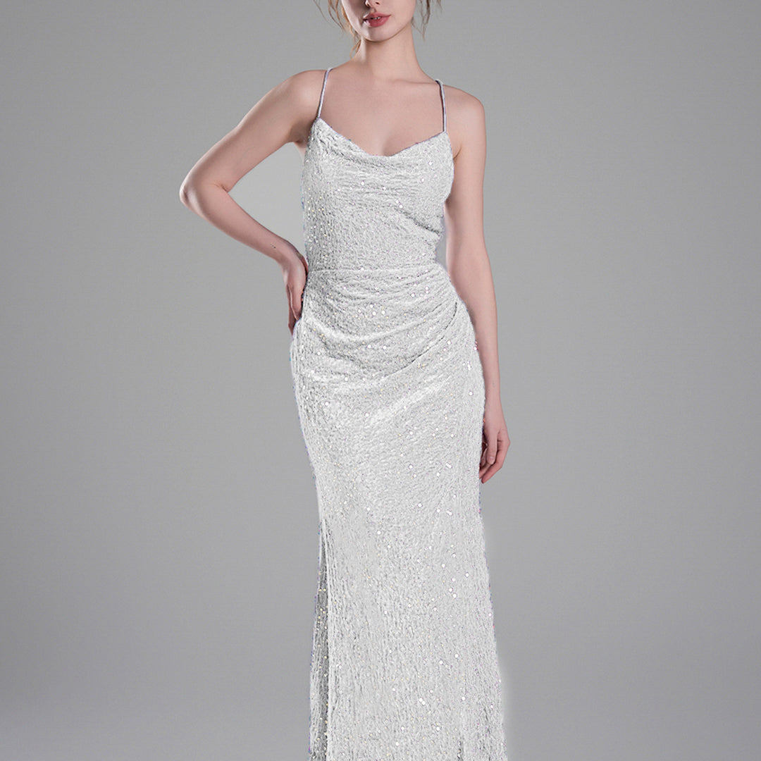 Cowl Neckline Eye-Catching Sequin Lace-Up Dresses