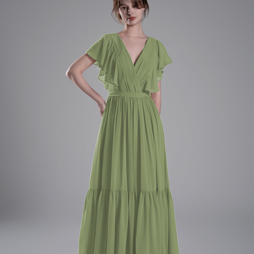 Elegant Ruffled V-Neck Chiffon Patchwork Maxi Dress