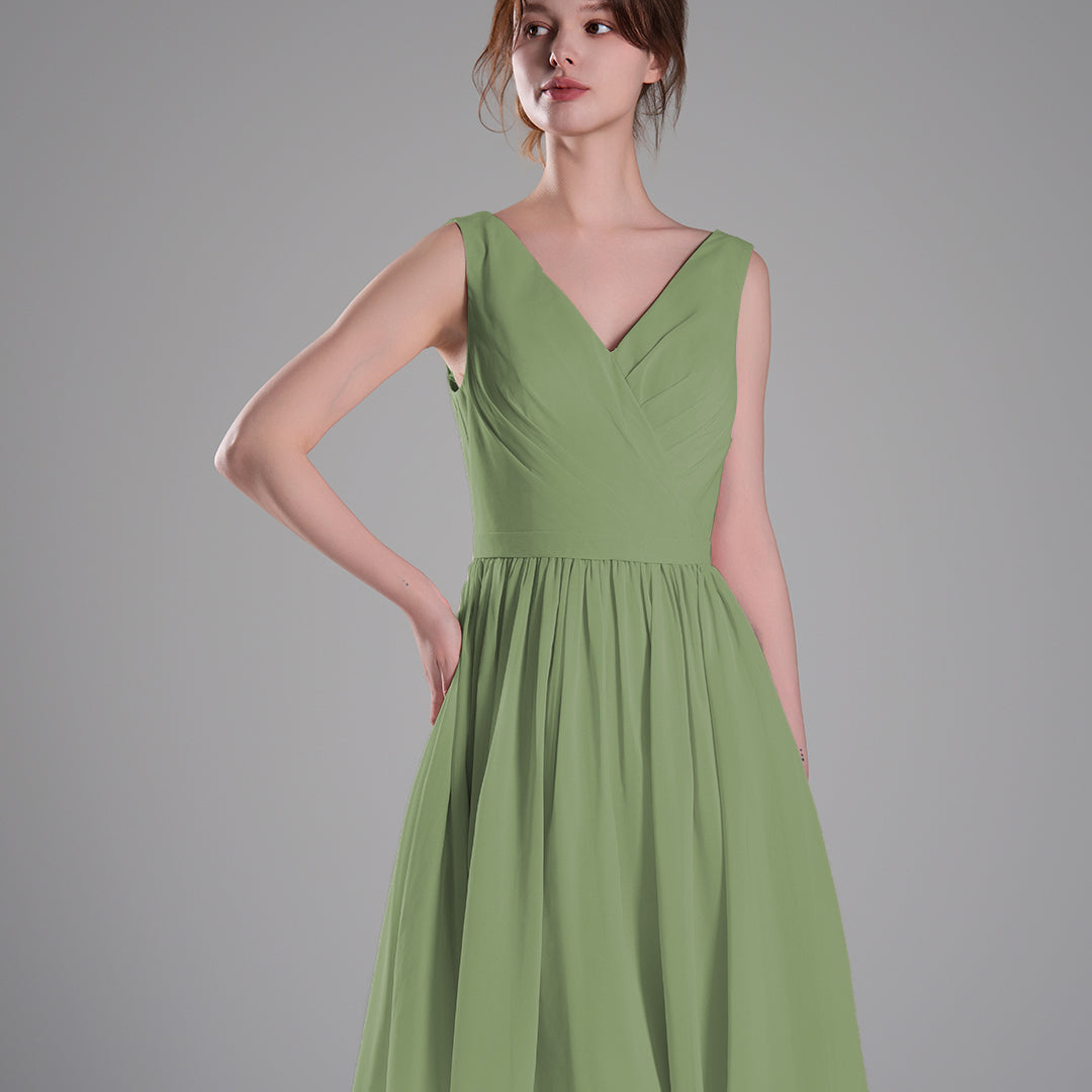 V-Neck Sleeveless Pleated Bodice Flowing Mini Dresses