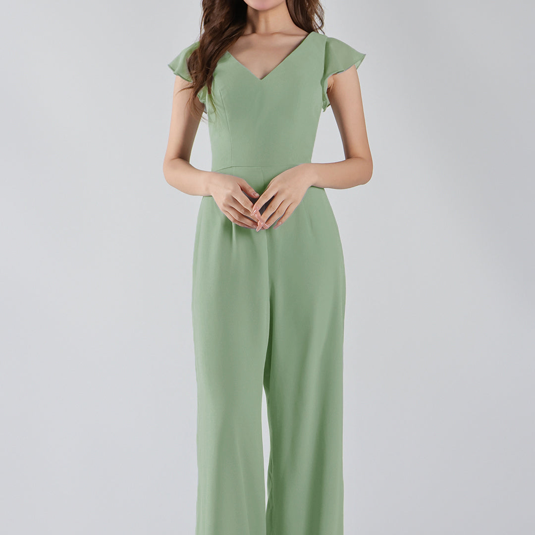 V-Neck Flutter Sleeves Wide-Leg Chiffon Jumpsuit