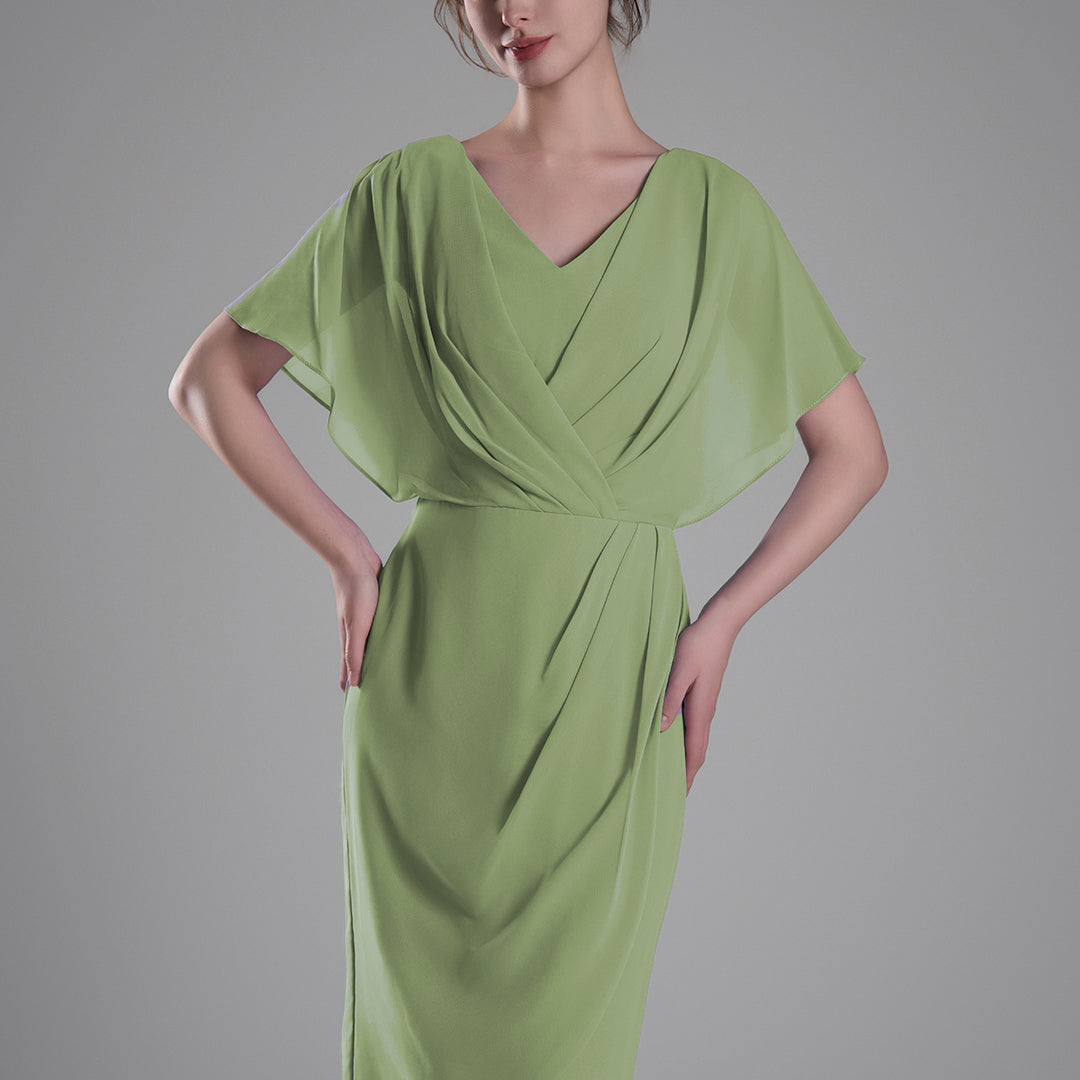 V-neck Pleated Cape Knee-length Dresses