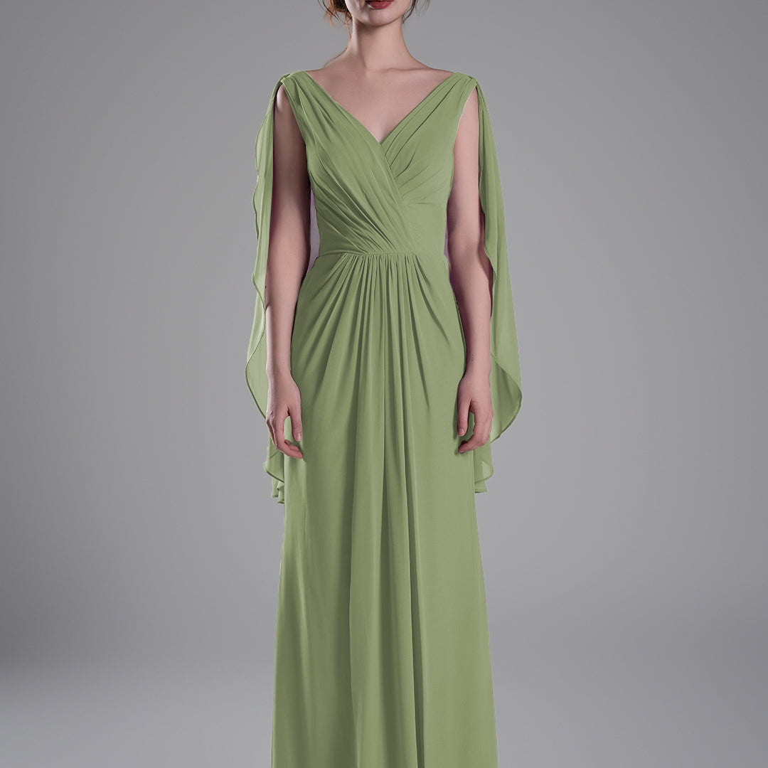 V-Neck Flowing Cape Sleeves Pleated Dress